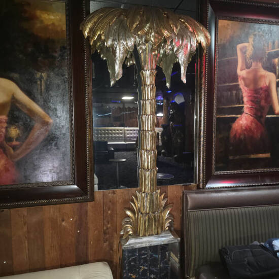 Pair of Oversized Gold Palm Tree Light Sculptures with Pedestals
