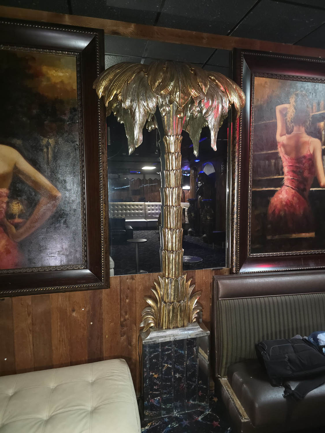Pair of Oversized Gold Palm Tree Light Sculptures with Pedestals